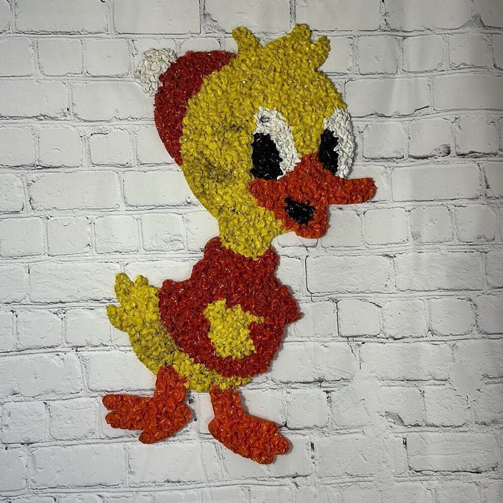 Vintage Melted Plastic Popcorn Easter Decoration Duck in Red Sweater 80s‎ DIRTY